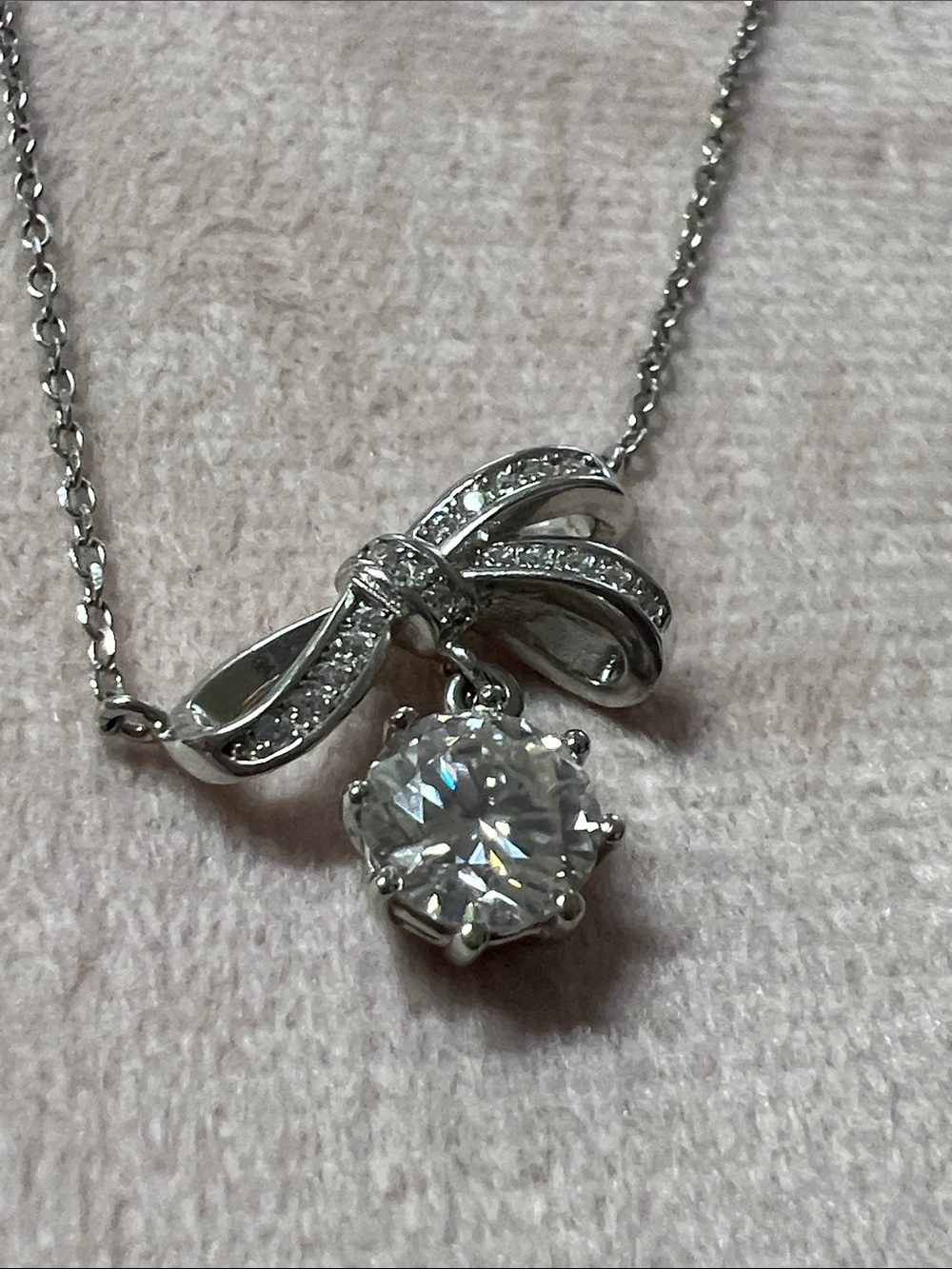 Moissanite Sterling Bow Necklace  Drop - Silver with GRA